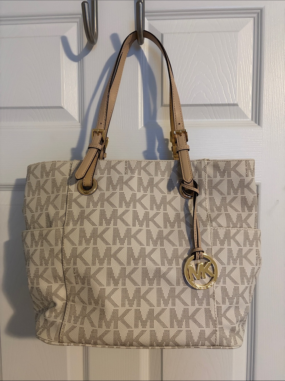 Michael Kors Cream MK Logo Tote with Gold Charm